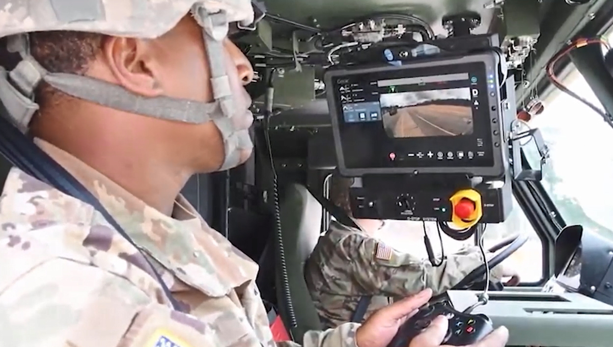 Soldier inside an operating defense vehicle 